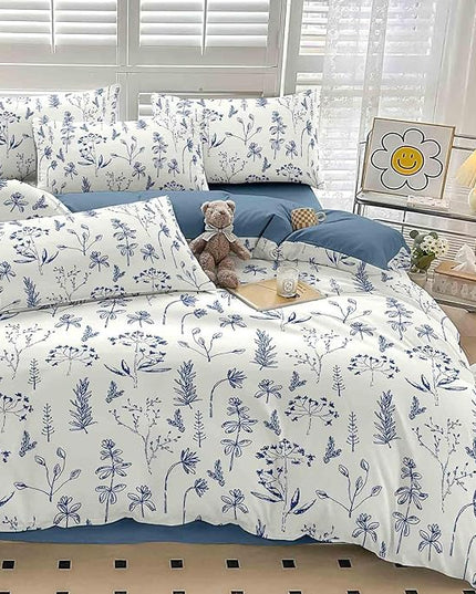Nanko Blue Floral Comforter Set King Size 3 Pcs, White Flower Leaf Printed Pattern Spring Soft Microfiber Alternative Duvet, Vintage Farmhouse Lightweight Bedding Set Bed in a Bag for Women Men 104x90 - LeafyLoom
