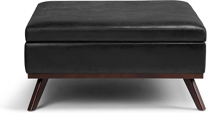 SIMPLIHOME Owen 36 Inch Wide Mid Century Modern Square Coffee Table Lift Top Storage Ottoman in Upholstered Distressed Black Faux Leather, For the Living Room - LeafyLoom