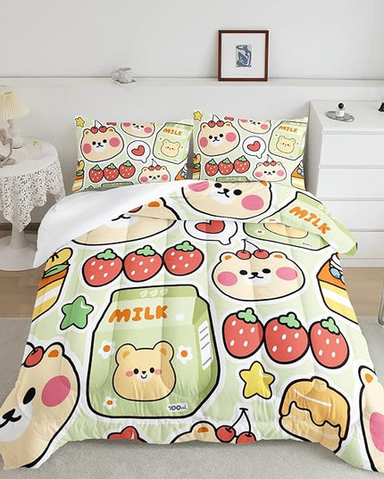Datura home Kawaii Strawberry Bear Comforter Bedding Set for Kids Boys and Girls Teens,Cute Cartoon Fruit Print Light Green with 1 2 Pillowcases(Kawaii Full), Full 80x90inches - LeafyLoom