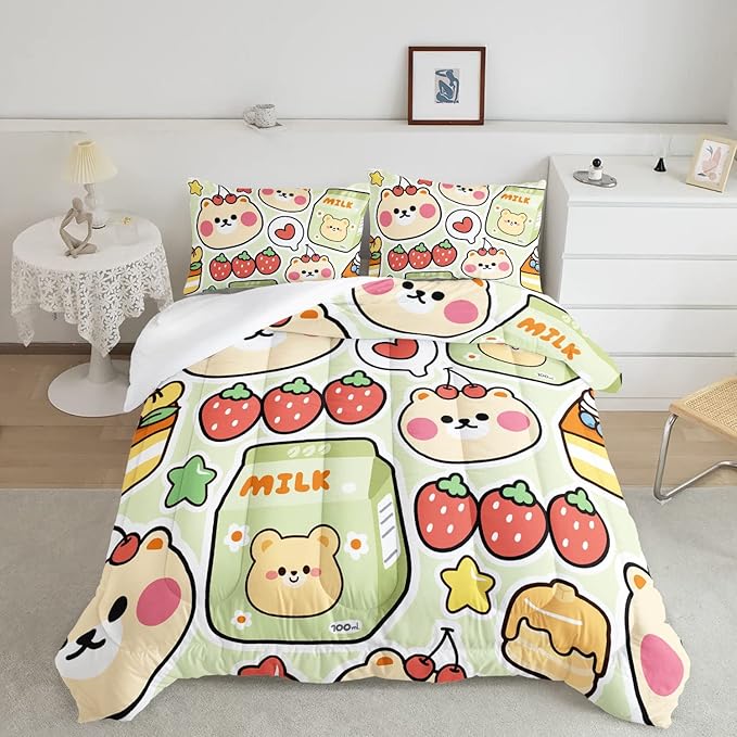 Datura home Kawaii Strawberry Bear Comforter Bedding Set for Kids Boys and Girls Teens,Cute Cartoon Fruit Print Light Green with 1 2 Pillowcases(Kawaii Full), Full 80x90inches - LeafyLoom