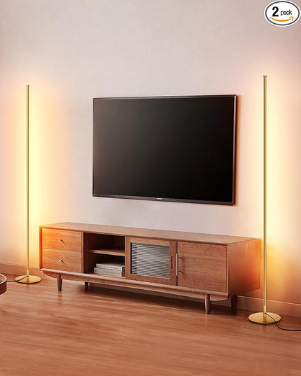 DEWENWILS Minimalist LED Corner Floor Lamp, Set of 2 Modern Dimmable Mood Light, 57.5" Standing Tall Lamp for Living Room, Bedroom, Office, 3000K Warm White Light (Gold) - LeafyLoom