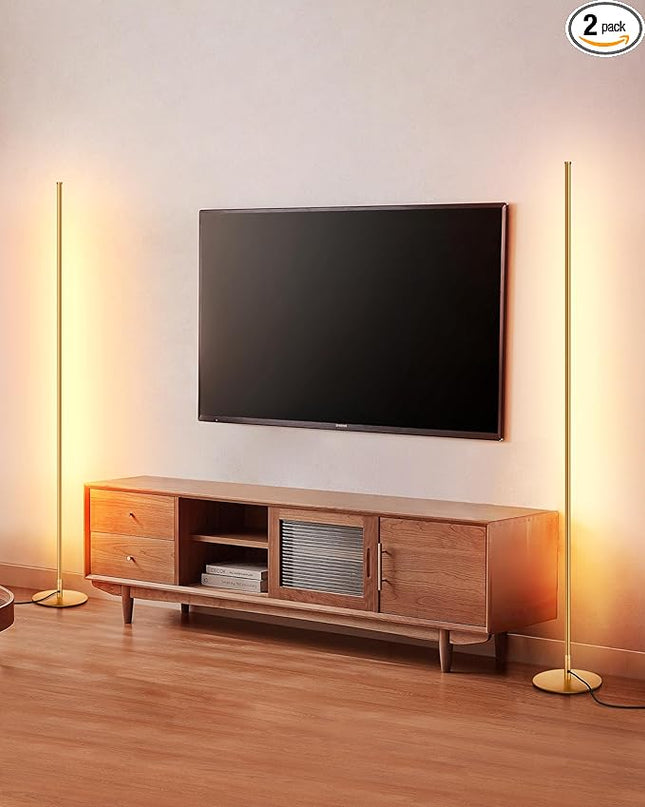 DEWENWILS Minimalist LED Corner Floor Lamp, Set of 2 Modern Dimmable Mood Light, 57.5" Standing Tall Lamp for Living Room, Bedroom, Office, 3000K Warm White Light (Gold) - LeafyLoom