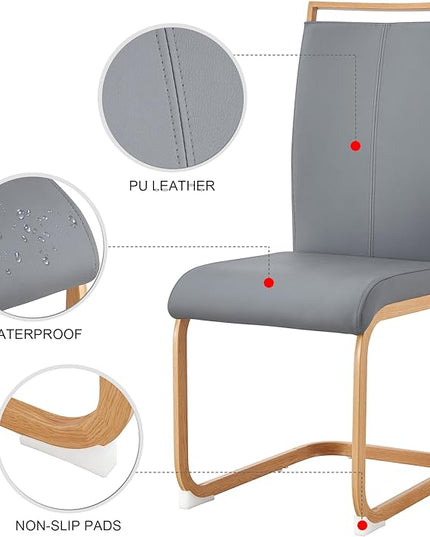 Dining Chairs Set of 6,High Back Grey Kitchen Chairs,Faux Leather Side Chair with Woodgrain Coloured Metal Legs,Easy to Clean Modern Upholstered Dining Chairs,Ideal for Living Room - LeafyLoom