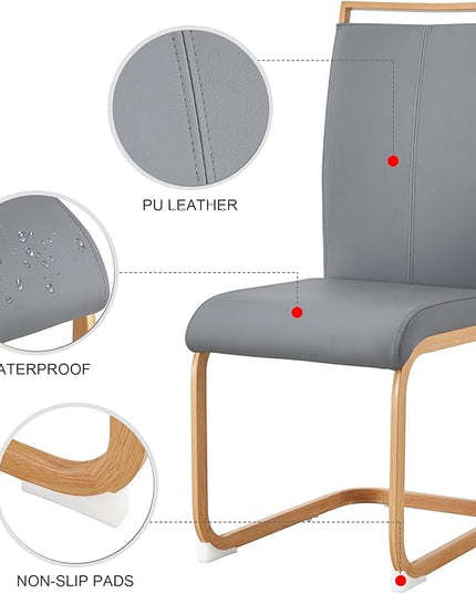 Dining Chairs Set of 4,High Back Grey Kitchen Chairs,Faux Leather Side Chair with Woodgrain Coloured Metal Legs,Easy to Clean Modern Upholstered Dining Chairs,Ideal for Living Room - LeafyLoom