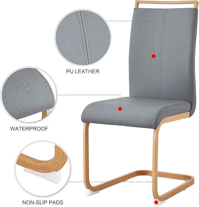 Dining Chairs Set of 4,High Back Grey Kitchen Chairs,Faux Leather Side Chair with Woodgrain Coloured Metal Legs,Easy to Clean Modern Upholstered Dining Chairs,Ideal for Living Room - LeafyLoom
