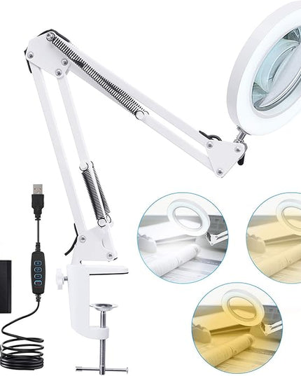 LED Magnifying Lamp with Clamp, 8-Diopter, 10X Real Glass Lens, 3 Color Modes and Stepless Dimmable Magnifier Desk Lamp,Adjustable Swivel Arm Lighted Magnifying Glass for Repair Craft Close Work-White - LeafyLoom