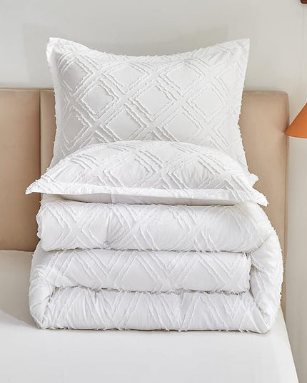 7 Pieces Tufted Bed in a Bag King Comforter Set with Sheets White, Soft and Embroidery Shabby Chic Boho Bohemian, Luxury Solid Color with Diamond Pattern, Jacquard Tufts Bedding Set for All Season - LeafyLoom