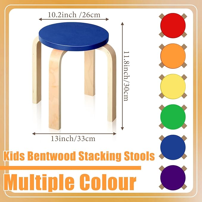 6 Pcs 12 Inch Bentwood Stacking Stool for Kids Colored Durable Round Nesting Stool Flexible Wood Stackable Stool Chairs for Playroom Daycare Home Classroom (Classic Color) - LeafyLoom