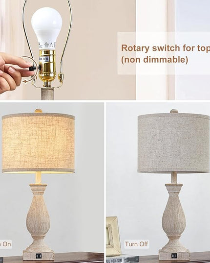 Farmhouse Table Lamps for Living Room Bedside Lamps for Nightstand Vintage Rustic Table Lamps for Bedrooms Set of 2 with USB Charging Ports Wooden Finish Bulbs Not Included - LeafyLoom