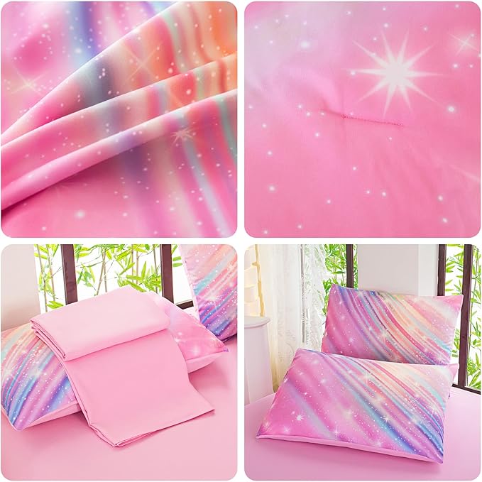 Twin Comforter Set for Girls Galaxy Bedding 7pieces, Ombre Bedding Comforter Sets Rainbow Comforter Glitter Bedding Twin Teen Comforter Sets for Girls - LeafyLoom