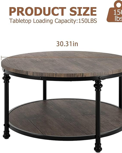 GAOMON Round Coffee Table Rustic Center Table with Storage Shelf 2-Tier Industrial Accent Center Table Wood Circle Coffee Table with Sturdy Metal Legs, Easy Assembly - LeafyLoom