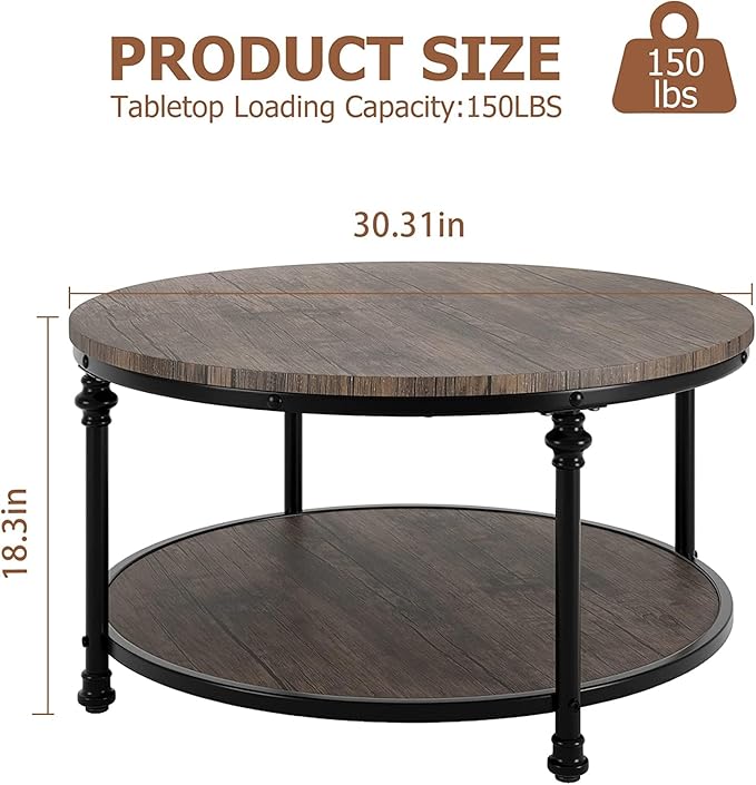 GAOMON Round Coffee Table Rustic Center Table with Storage Shelf 2-Tier Industrial Accent Center Table Wood Circle Coffee Table with Sturdy Metal Legs, Easy Assembly - LeafyLoom