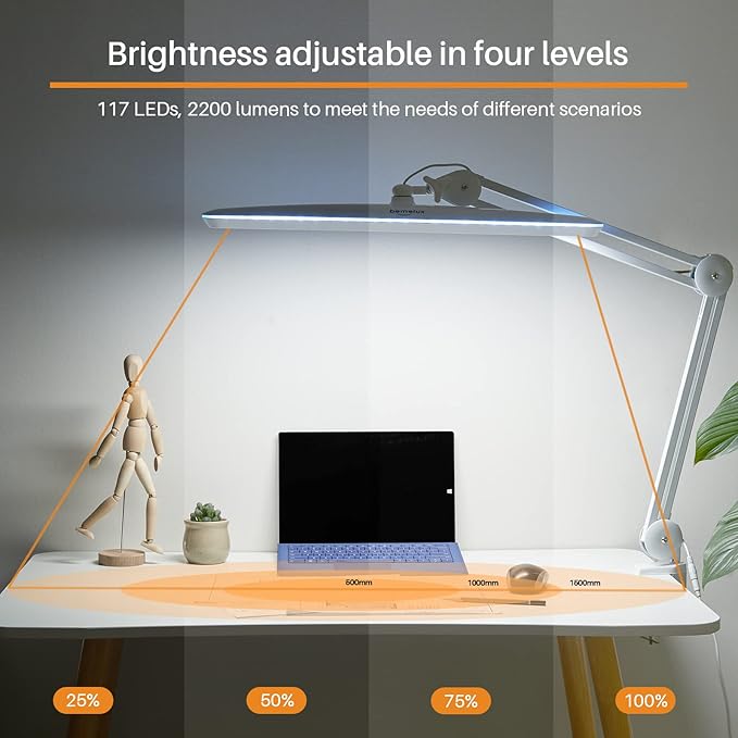 Task Lamp with Clamp, Bright 117PCS LEDs, Metal Swing Arm 24W 2200 Lumen Dimmable Led Desk Lamp for Architect Home Office Study Reading Dorm Workbench Craft, 23 Inch Lamp Head Work Lamp(White) - LeafyLoom