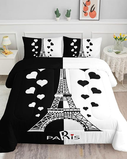 Datura home Kids Comforter Set Eiffel Tower Printed Pattern Bedding Set with 1 Comforter and 2 Pillowcases for Girls Boys Bedroom All Season(Tower1 Queen) - LeafyLoom