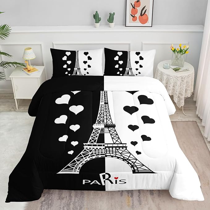 Datura home Kids Comforter Set Eiffel Tower Printed Pattern Bedding Set with 1 Comforter and 2 Pillowcases for Girls Boys Bedroom All Season(Tower1 Full) - LeafyLoom