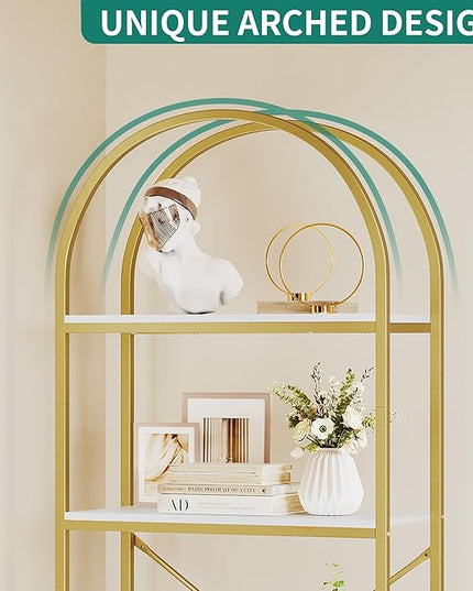 YITAHOME Gold Bookshelf and Bookcase, 71.3” Tall Modern Open Arched Book Shelf, 4-Tier Freestanding Storage Display Rack Shelves for Bedroom,Living Room,Office,Kitchen, White&Gold - LeafyLoom