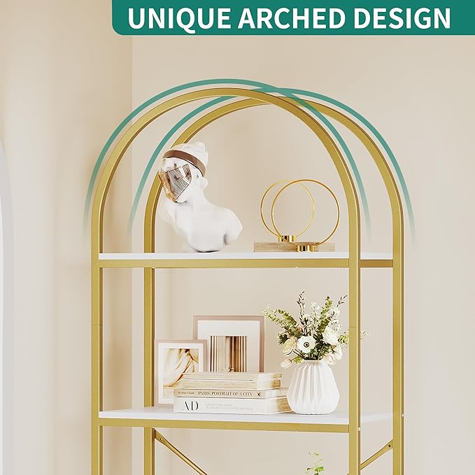 YITAHOME Gold Bookshelf and Bookcase, 71.3” Tall Modern Open Arched Book Shelf, 4-Tier Freestanding Storage Display Rack Shelves for Bedroom,Living Room,Office,Kitchen, White&Gold - LeafyLoom
