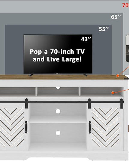 Farmhouse TV Stand with Sliding Barn Door for TVs up to 65+ Inch, 34" Tall Entertainment Center, Wood Media Console Storage Cabinet for Bedroom, Living Room, Rustic and Oak White - LeafyLoom