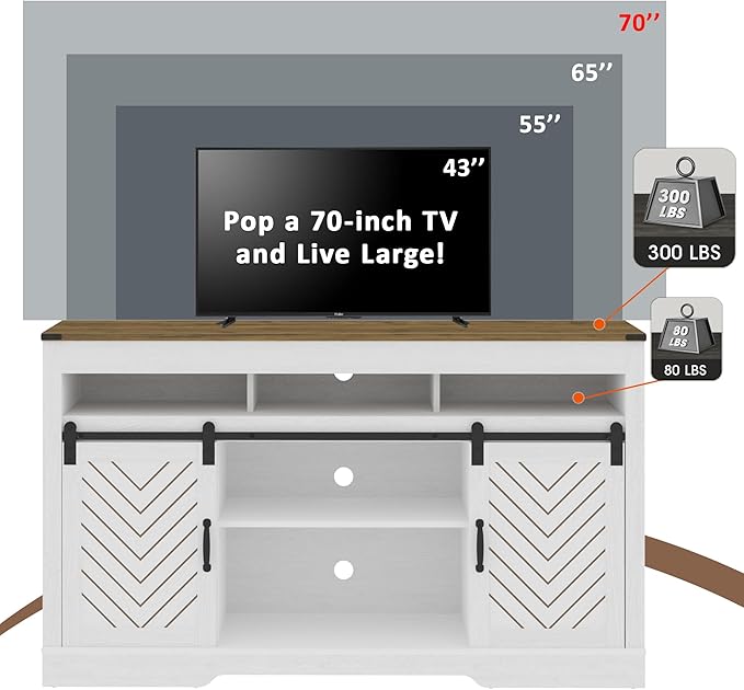 Farmhouse TV Stand with Sliding Barn Door for TVs up to 65+ Inch, 34" Tall Entertainment Center, Wood Media Console Storage Cabinet for Bedroom, Living Room, Rustic and Oak White - LeafyLoom