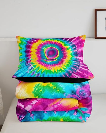 2 Piece Rainbow Tie Dye Comforter Set with 1 Pillowcase Boho Psychedelic Bedding Set for Kids Girls Teens Bohemian Gypsy Exotic Spiral Quilted Duvet Soft Comfy, Watercolor Art Down Comforter,Twin - LeafyLoom