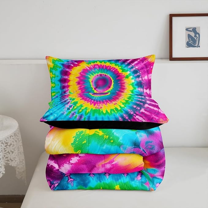 2 Piece Rainbow Tie Dye Comforter Set with 1 Pillowcase Boho Psychedelic Bedding Set for Kids Girls Teens Bohemian Gypsy Exotic Spiral Quilted Duvet Soft Comfy, Watercolor Art Down Comforter,Twin - LeafyLoom