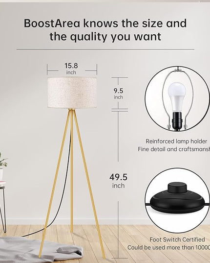 BoostArea Floor Lamp for Living Room, Tripod Floor Lamp, 15W LED Bulb, 3 Levels Dimmable Brightness, Linen Lamp Shade, Mid Century Standing Lamp for Living Room, Bedroom, Study Room and Office(Gold) - LeafyLoom