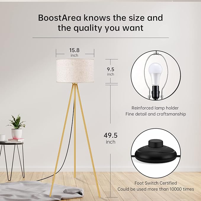 BoostArea Floor Lamp for Living Room, Tripod Floor Lamp, 15W LED Bulb, 3 Levels Dimmable Brightness, Linen Lamp Shade, Mid Century Standing Lamp for Living Room, Bedroom, Study Room and Office(Gold) - LeafyLoom