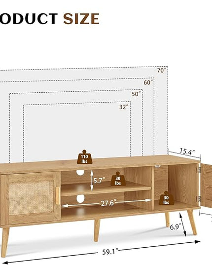 Iwell Boho Rattan TV Stand for 70 inch TV, Large TV Console, Entertainment Center with Adjustable Shelf and 2 Cabinets, Mid Century Modern TV Stands for Living Room, Bedroom, Natural - LeafyLoom