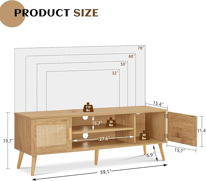 Iwell Boho Rattan TV Stand for 70 inch TV, Large TV Console, Entertainment Center with Adjustable Shelf and 2 Cabinets, Mid Century Modern TV Stands for Living Room, Bedroom, Natural - LeafyLoom