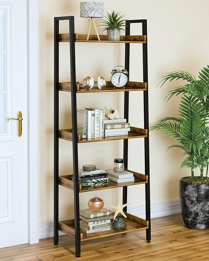 ASTARTH Ladder Shelf-5 Tier Bookshelves w/Open Shelf for Storage, Industrial Bookshelf & Tall Ladder Shelf-Metal Frame for Bedroom, Living Room, Kitchen-67.3'' H, Easy Assembly, Rustic Brown - LeafyLoom