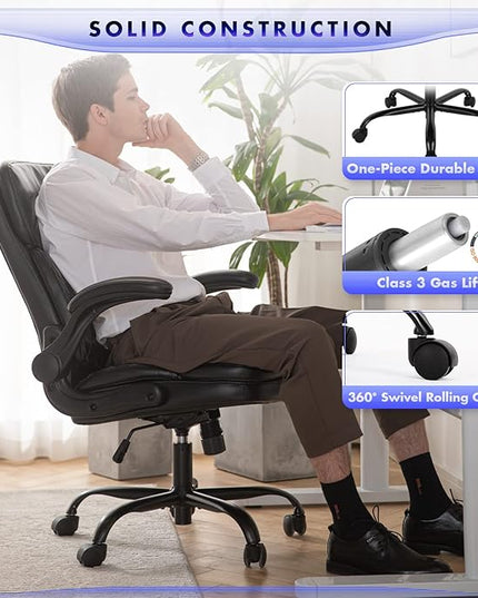 COLAMY Home Office Chair 275LBS Executive Leather OfficeChair with Padded Flip-up Arms, Adjustable Height and Tilt Lock, Tufted Black - LeafyLoom