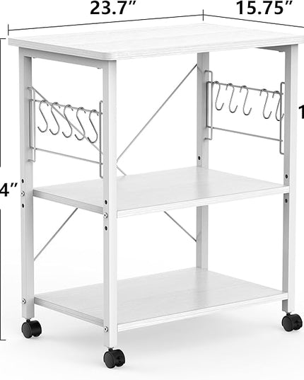 Mr IRONSTONE Baker's Rack, Kitchen Microwave Cart, Coffee Bar Table Station, 3-Tier Kitchen Utility Storage Shelf with Rolling Wheels Coffee Cart Kitchen Microwave Stand with 10 Hooks, White - LeafyLoom