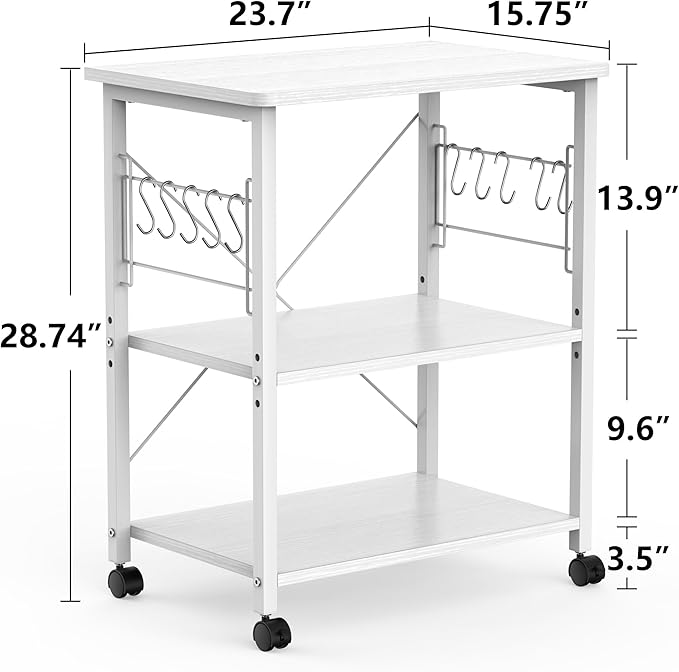 Mr IRONSTONE Baker's Rack, Kitchen Microwave Cart, Coffee Bar Table Station, 3-Tier Kitchen Utility Storage Shelf with Rolling Wheels Coffee Cart Kitchen Microwave Stand with 10 Hooks, White - LeafyLoom