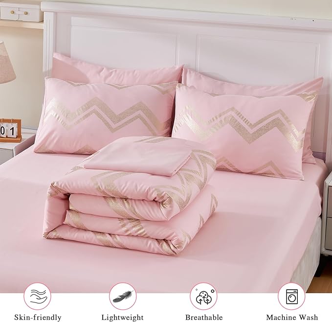 Wowelife 6 Pieces Pink Twin/Twin XL Comforter Set for Girls Kids Twin Bedding Sets Gold Glitter Foil Bed in A Bag with Comforter, Flat Sheet, Fitted Sheet, 2 Pillow Shams and 1 Pillowcase - LeafyLoom