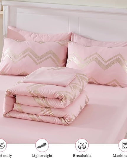 Wowelife Girl Bedding Sets Pink Comforter for Queen Size Bed 7 Pieces Gold Glitter Foil Queen Bedding Set Teen Girl Bedding Pink Full Kids Bedroom Beding Sets with 2 Pillow Shams and 2 Pillowcase - LeafyLoom