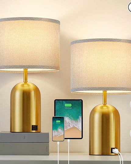 Set of 2 Table Lamps with USB C+A Ports, Touch Control Lamps for Bedside and Nightstand in Bedroom, 3-Way Dimmable Modern Lamp for Desk, Living Room, Office, LED Bulbs Included(Gold & Gray) - LeafyLoom