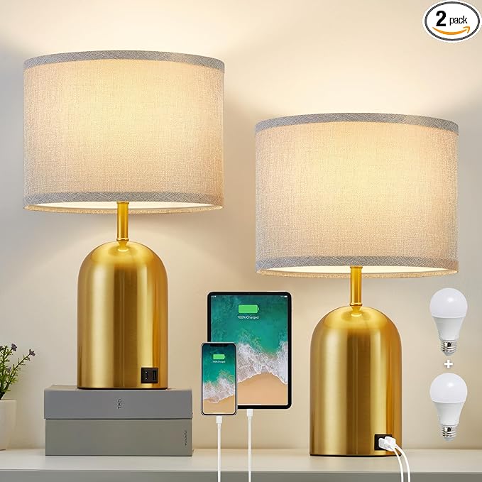 Set of 2 Table Lamps with USB C+A Ports, Touch Control Lamps for Bedside and Nightstand in Bedroom, 3-Way Dimmable Modern Lamp for Desk, Living Room, Office, LED Bulbs Included(Gold & Gray) - LeafyLoom