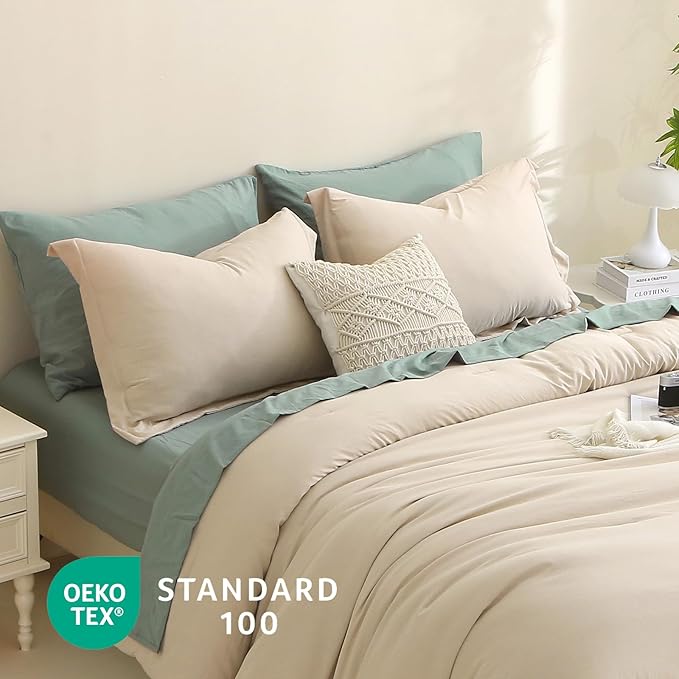 MILDLY Full Size Comforter Set 7 Piece Color Clash, Khaki Bed in a Bag, All Season Bedding Sets with 1 Comforter, 2 Pillow Shams, 2 Pillowcases, 1 Flat Sheet, 1 Fitted Sheet - LeafyLoom