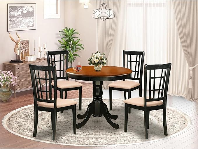 East West Furniture ANNI5-BLK-C 5 Piece Room Set Includes a Round Kitchen Table with Pedestal and 4 Linen Fabric Upholstered Dining Chairs, 36x36 Inch, Black & Cherry - LeafyLoom