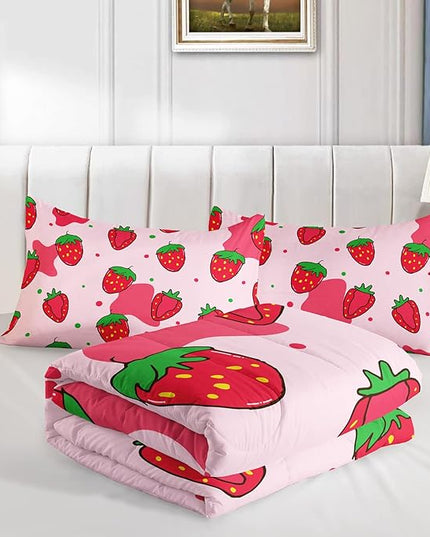 Kawaii Comforter Twin,Pink Strawberry Comforter Set for Kids Teens Girls,3Pcs Bedding Set Printed Comforter with 2 Pillowcases,Down Alternative,Soft and Lightweight，Twin Size - LeafyLoom
