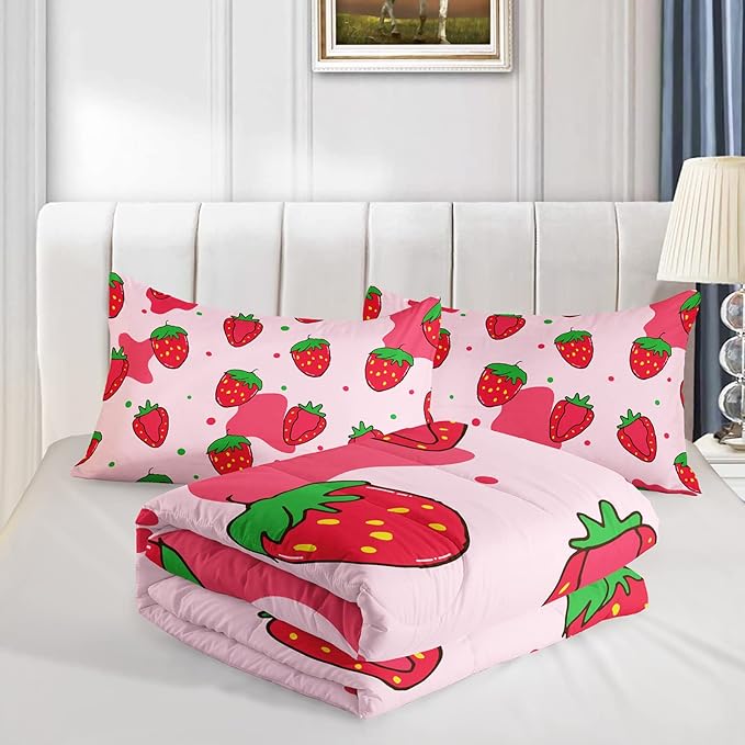 Kawaii Comforter Queen,Pink Strawberry Comforter Set for Kids Teens Girls,3Pcs Bedding Set Printed Comforter with 2 Pillowcases,Down Alternative,Soft and Lightweight，Queen Size - LeafyLoom