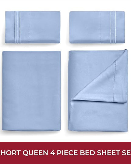 Mellanni RV Short Queen Sheets - 4 PC Iconic Collection Bedding Sheets & Pillowcases - Hotel Luxury, Extra Soft, Cooling Bed Sheets - Deep Pocket up to 10 inch (RV/Short Queen, Sky Blue) - LeafyLoom