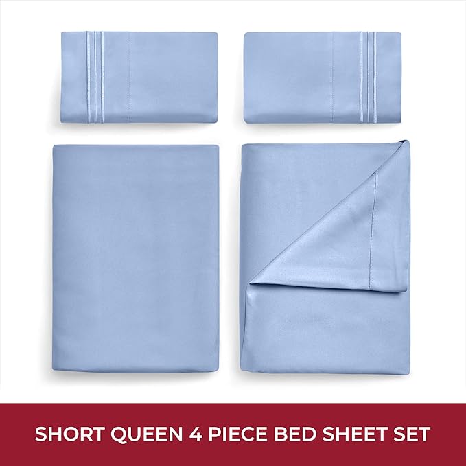 Mellanni RV Short Queen Sheets - 4 PC Iconic Collection Bedding Sheets & Pillowcases - Hotel Luxury, Extra Soft, Cooling Bed Sheets - Deep Pocket up to 10 inch (RV/Short Queen, Sky Blue) - LeafyLoom