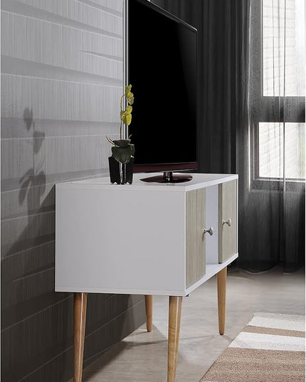 Hodedah Retro Style TV Stand with Two Storage Doors, and Solid Wood Legs, White - LeafyLoom