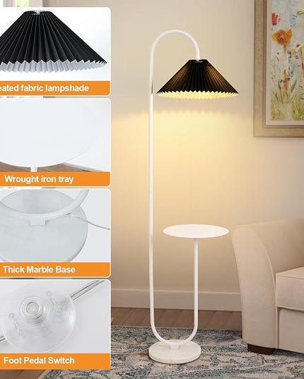 Modern Elegant with Tray Floor Lamp for Office Cafe Den Living Room Bedroom, Foot Switch and White Paint, Black Pleated Cloth Lampshade - LeafyLoom