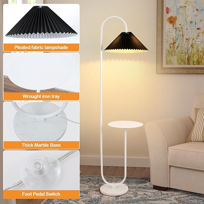 Modern Elegant with Tray Floor Lamp for Office Cafe Den Living Room Bedroom, Foot Switch and White Paint, Black Pleated Cloth Lampshade - LeafyLoom
