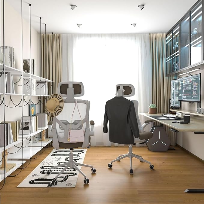 Ergonomic Office Chair, High Back Mesh Desk Chair with Thick Molded Foam Cushion, Coat Hanger, Adjustable Headrest, Lumbar Support, Tilt & Lock Function - Task Computer Chair (Brown) - LeafyLoom