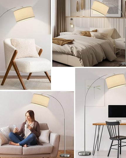 Arc Floor Lamps for Living Room, Silver Modern Floor Lamp, Adjustable Hanging Drum Shade, Tall Pole Lamp with Foot Switch, Over Couch Arched Reading Light for Bedroom, Office, LED Bulb Not Include - LeafyLoom