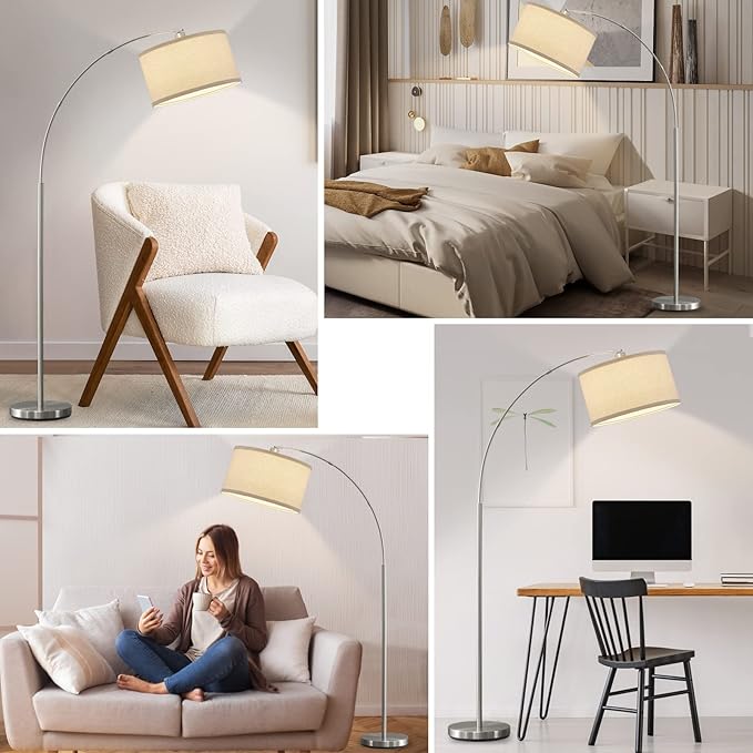 Arc Floor Lamps for Living Room, Silver Modern Floor Lamp, Adjustable Hanging Drum Shade, Tall Pole Lamp with Foot Switch, Over Couch Arched Reading Light for Bedroom, Office, LED Bulb Not Include - LeafyLoom