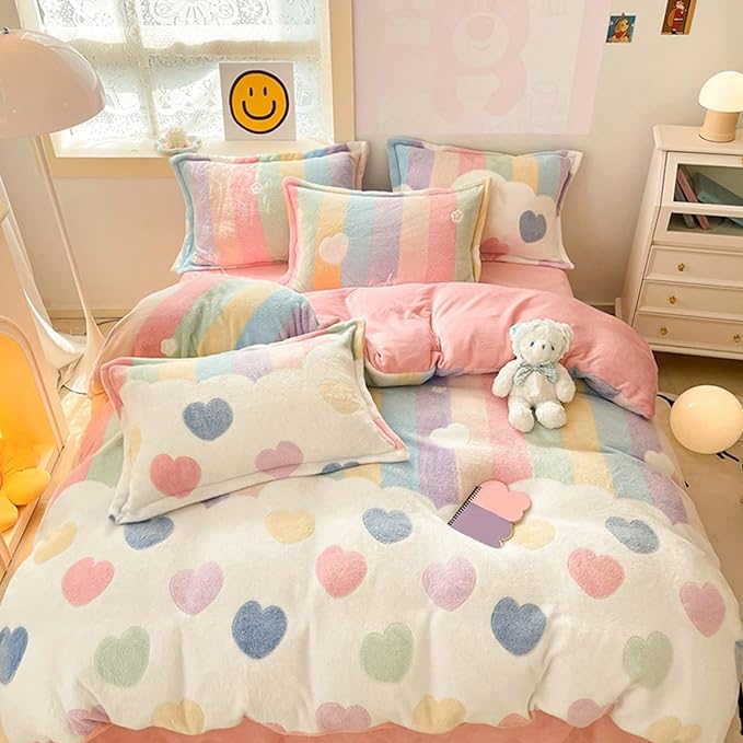 MorroMorn Twin Bedding Sets, Pink Rainbow Duvet Cover Set, Fluffy Comforter Covers Blanket Ultra Soft Kawaii Cute for Girls Kids Toddler Teen Women Twin/Twin XL Size - LeafyLoom